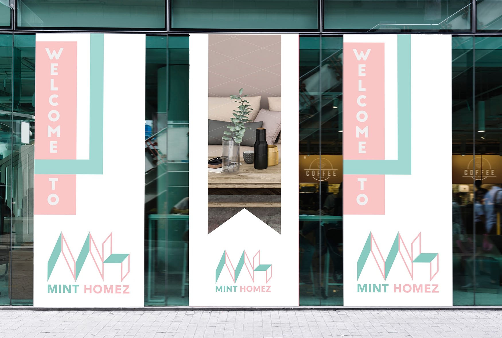 Three large banner mockups in front of a coffee shop